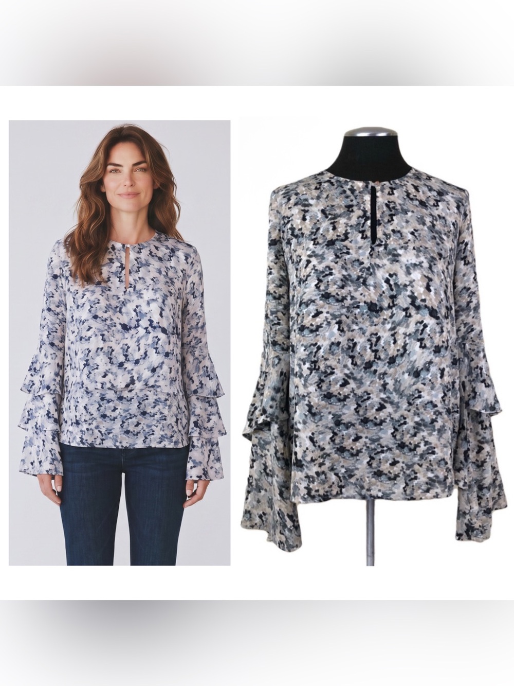 🆕 Harlowe & Graham - Abstract Ruffle Sleeve Keyhole Blouse - Nordstrom - Small